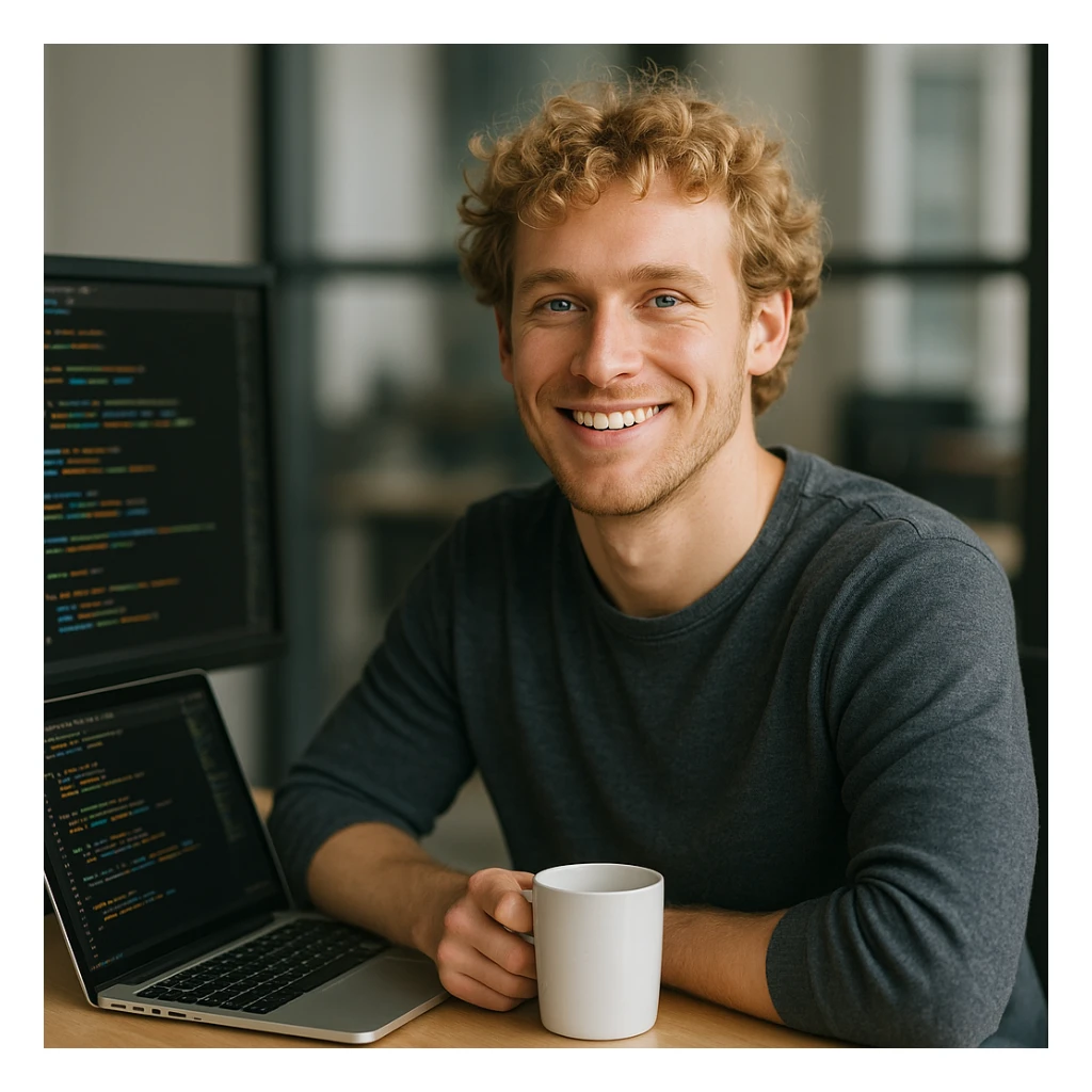 male software developer with blonde curly hair and blue eyes, sitting at a desk with coffee mug, relaxed and smiling sticker