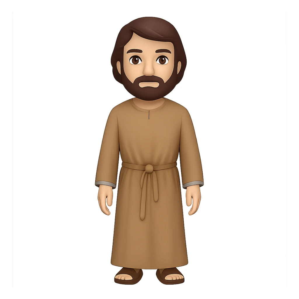 Create a full body, standing front view of Saint Joseph in an emoji style. He should wear a long tan robe similar to the reference image, have dark brown hair and beard. The background should be removed, leaving only the figure. sticker