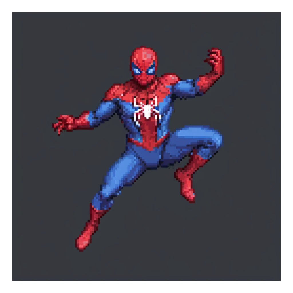 Spider-Man in pixel art style, classic red and blue suit, dynamic pose, simple background sticker