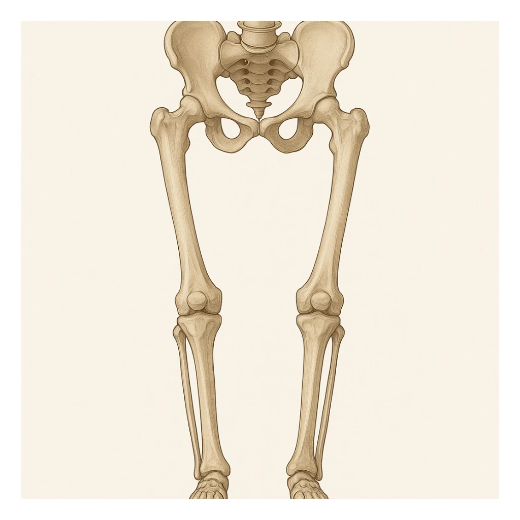 Create a clean medical style anatomical illustration, front view, showing genu varum (bow legs) with wide knees and close ankles. Highlight the pelvis bones, femur, tibia, and fibula with realistic proportions. Use a neutral background and no text or logos. The style should be inspired by the provided reference image, focusing on a clean and precise medical illustration look. sticker