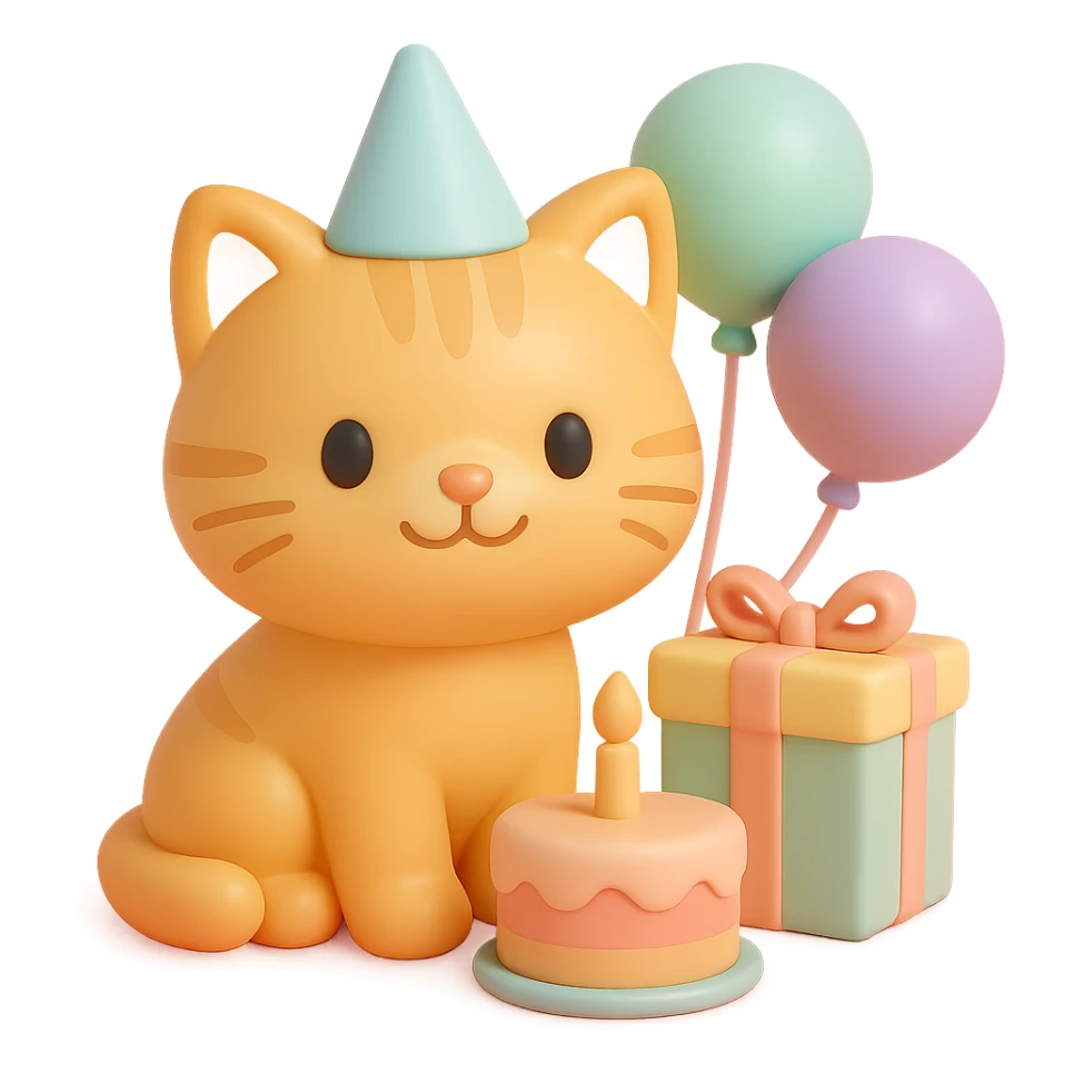ginger tabby kitten sitting next to a stack of gifts, wearing a party hat, birthday cake and balloons around, cheerful sticker