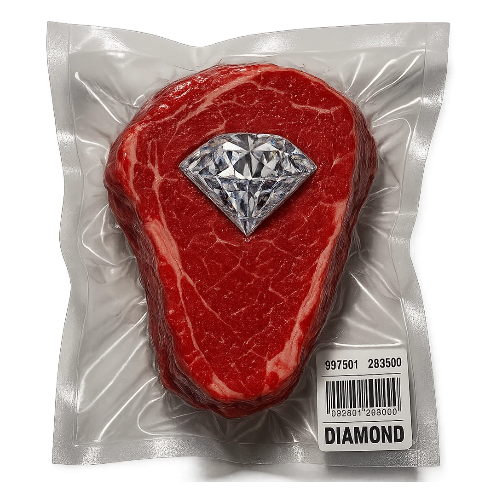 meat steak with sparkling diamond facets, glossy and puffy, vacuum-sealed style sticker