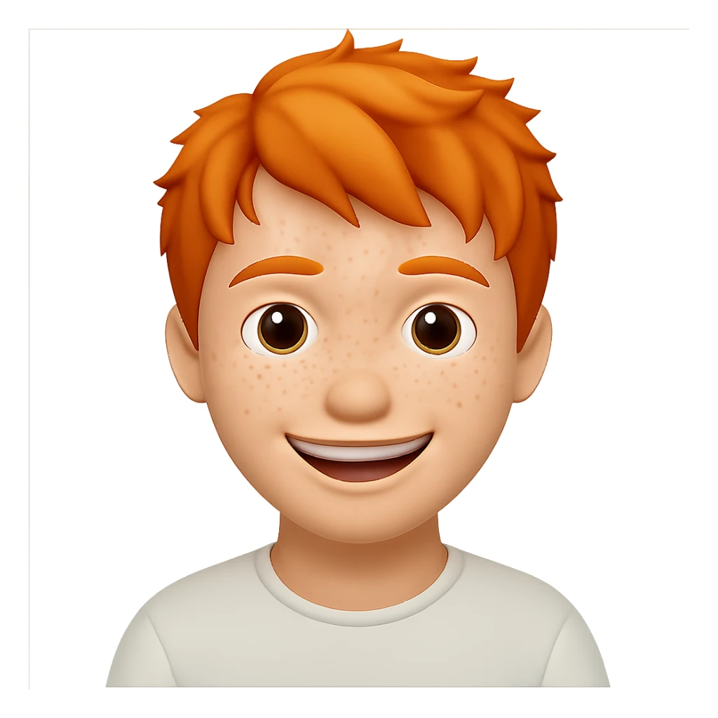 Make the strawberry blond boy with ginger freckles smile wider. The original style is a transparent background image, please keep the transparent background and the style consistent. sticker