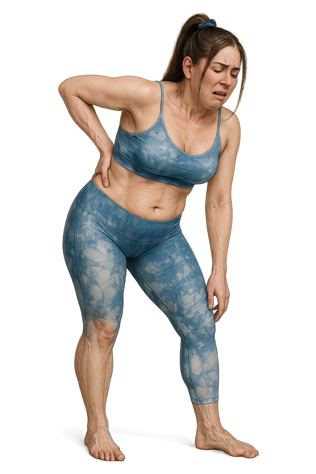 a woman in her 30s  holding her lower back with a pained expression. Subtle visual cues, like uneven shoulders or hips, hint at postural asymmetry. symbolizing chronic pain over the years. vista anatomicamente sticker