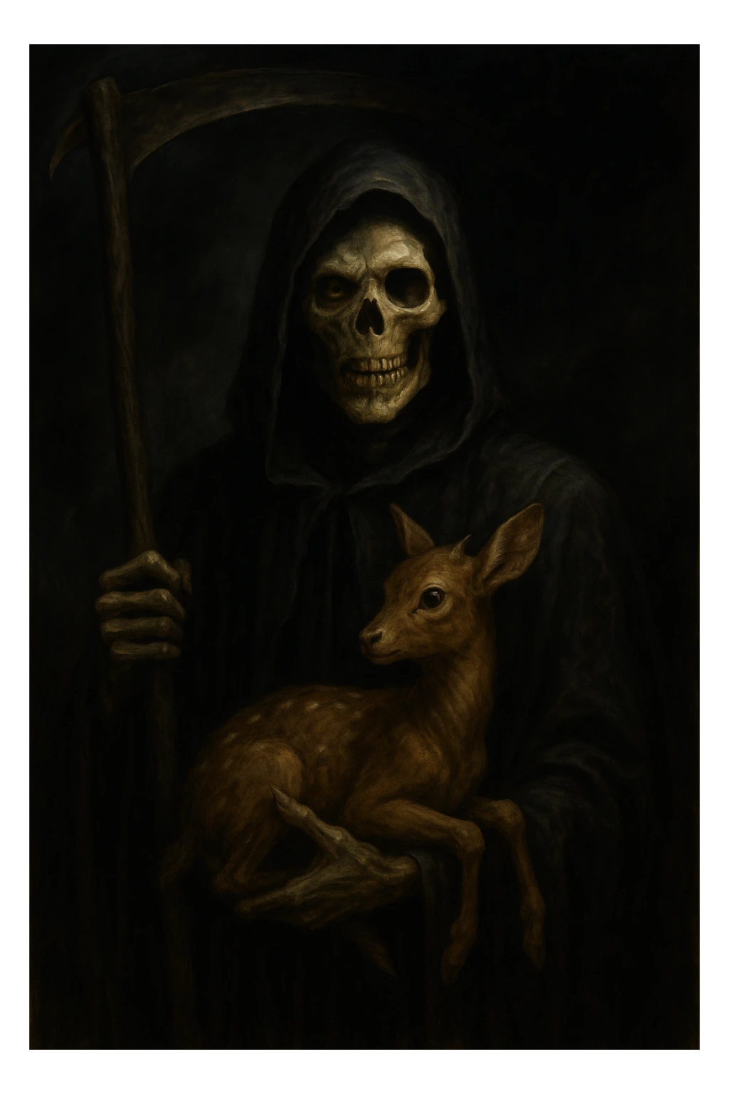 The grim reaper with a faun in his left hand, face split between skeleton and zombie, dark and mysterious atmosphere, dramatic and eerie style. sticker