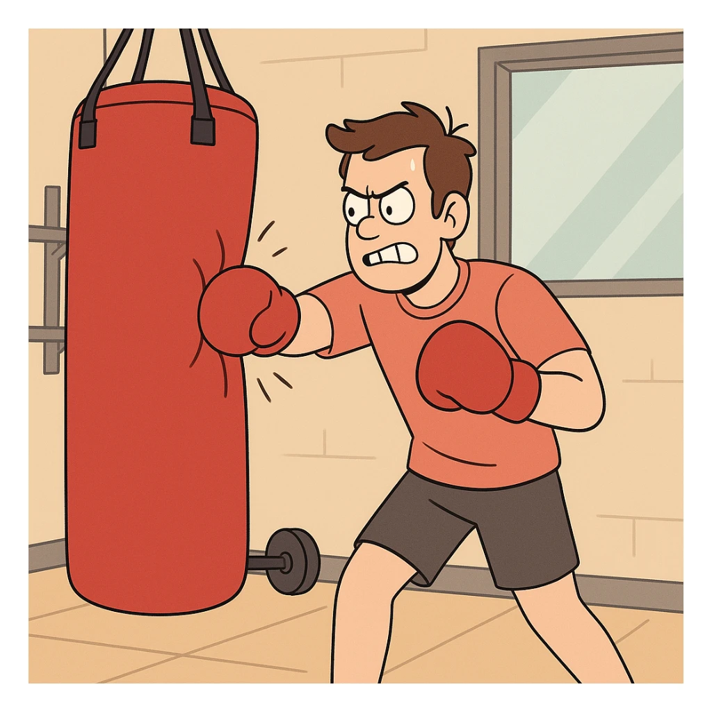 Hit a punching bag – to punch a padded bag for exercise or stress relief.
He went to the gym to hit a punching bag and blow off steam. Background Gym
 sticker