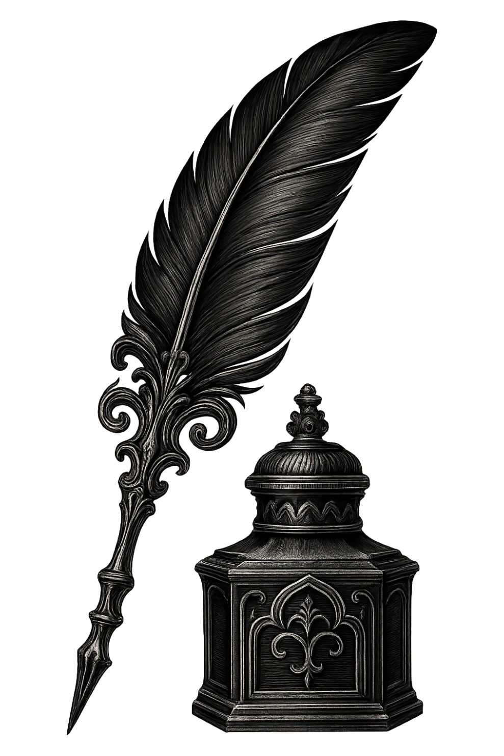 gothic quill and ink bottle, black and silver, no background sticker