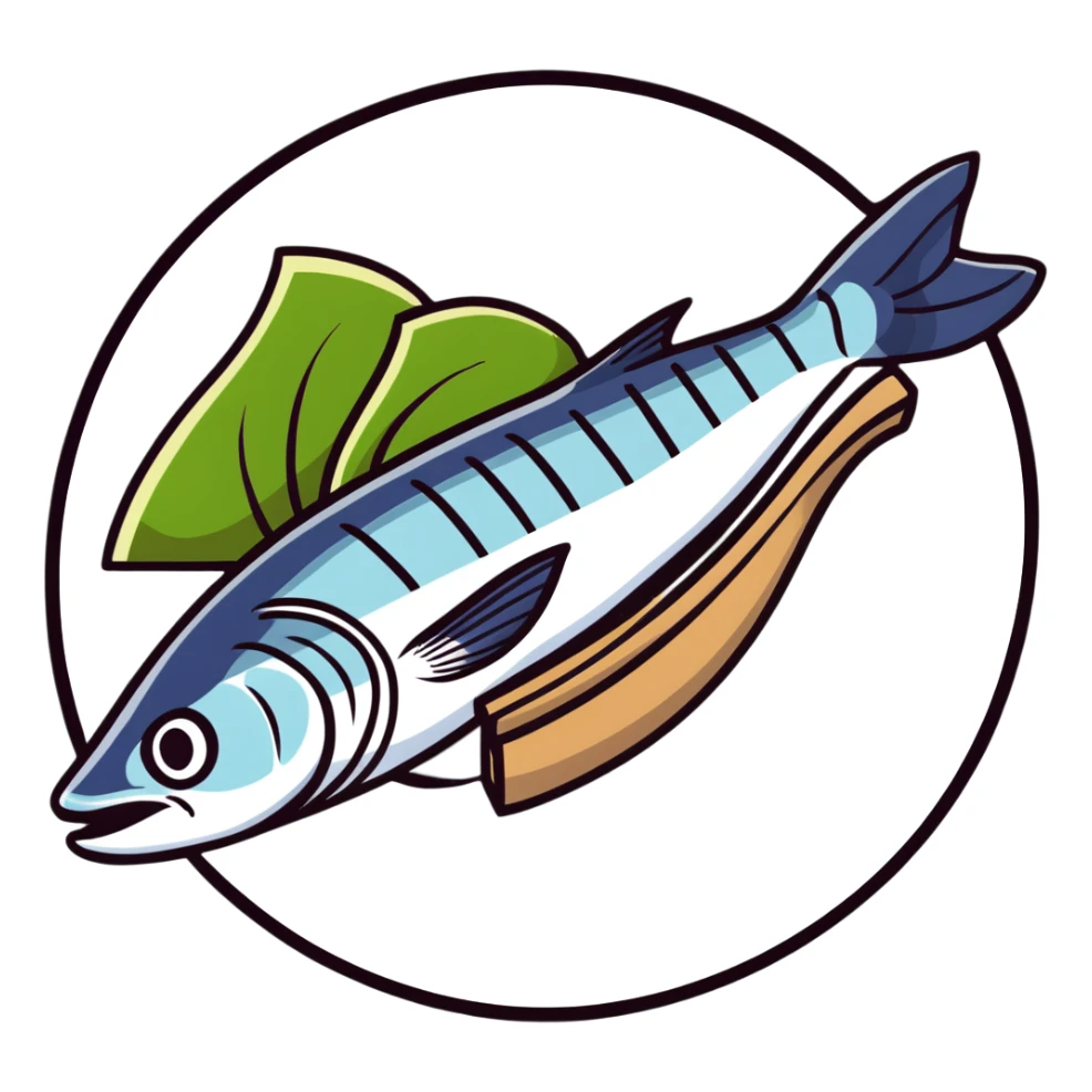 mackerel sashimi with thinly sliced silver-skinned fish, wasabi and shiso leaf sticker