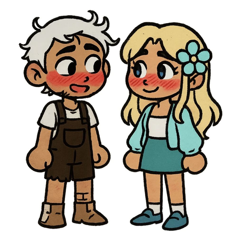 Create a couple image of these two cartoon characters standing side by side, both blushing and looking shyly at each other, matching their style, transparent background. sticker