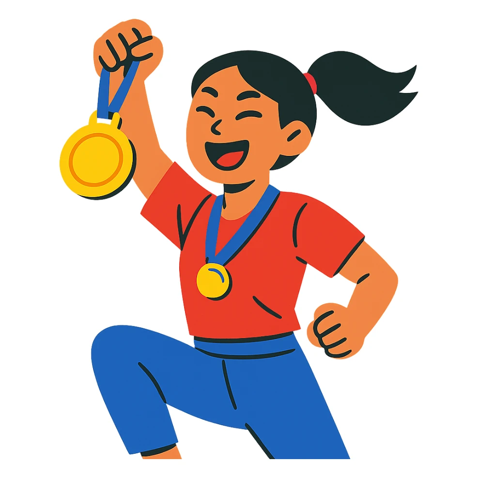 asian girl raising a medal in victory, energetic and dynamic pose sticker
