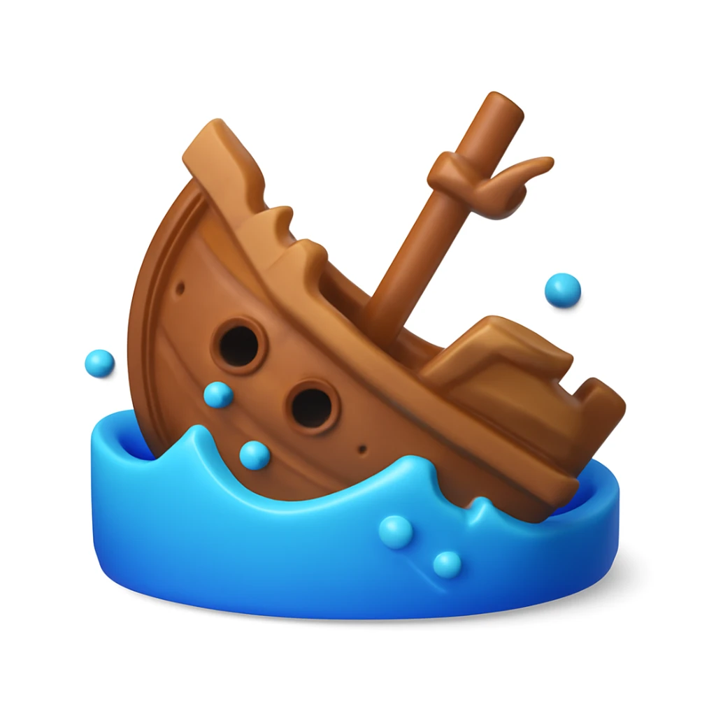 3D iPhone style emoji of a sunken ship, partly underwater, tilted and broken wooden structure, subtle bubbles around, isolated on white background, soft shadows, high detail, playful and cute. sticker