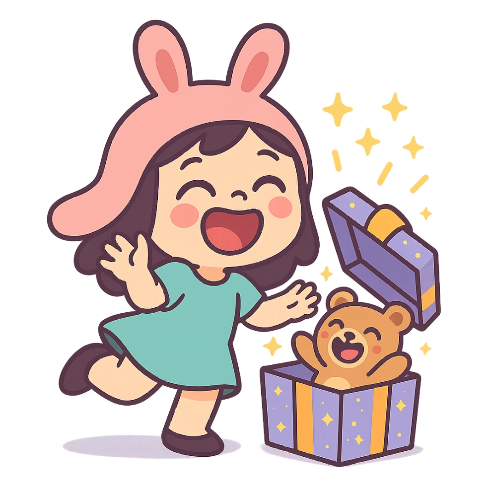 full-body laughing chibi girl in bunny hat opening glittery gift box with laughing teddy bear inside, pastel-toon style sticker