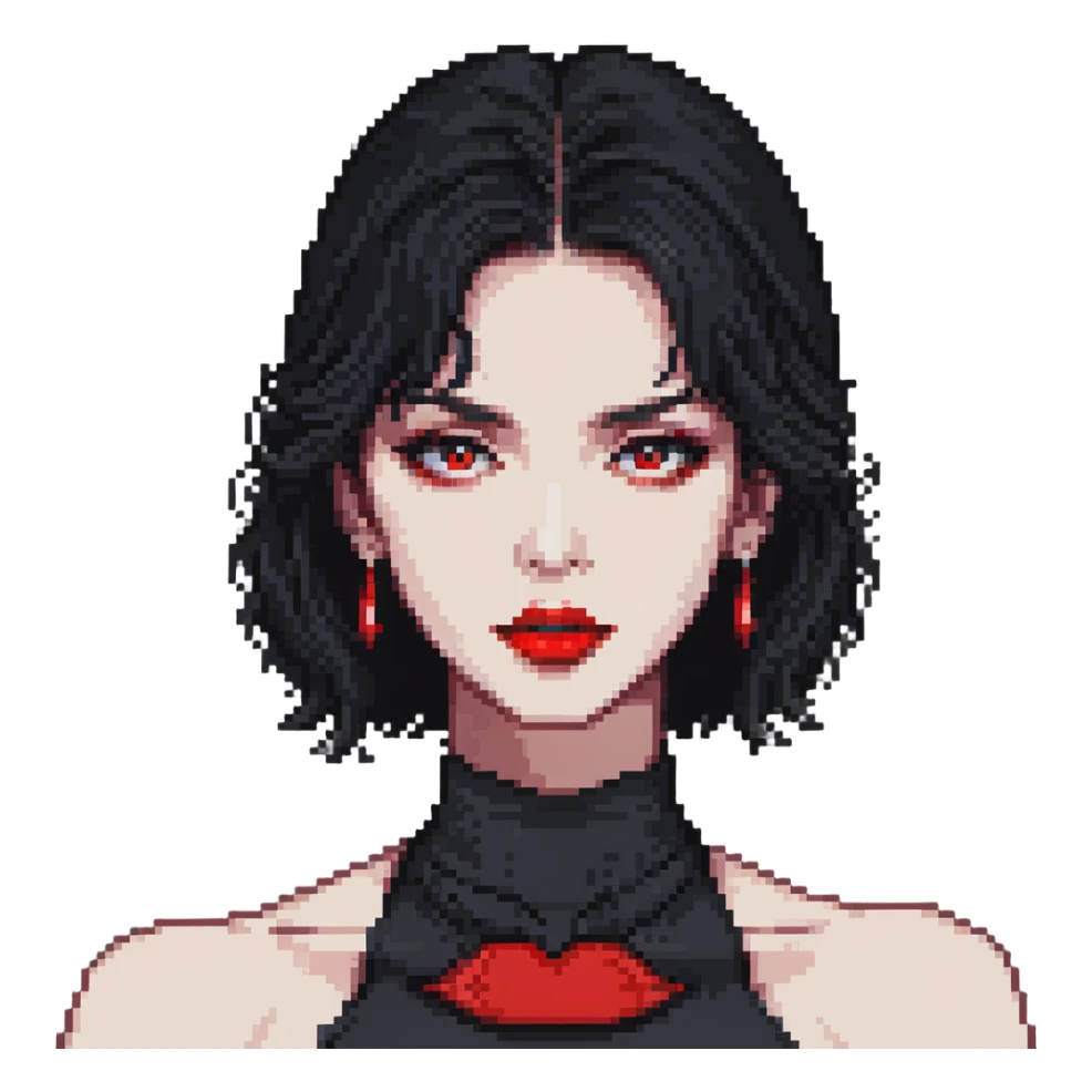 female face with black eyes, black hair at neck level, full red lips, pixel art, 16-bit style, neutral expression sticker