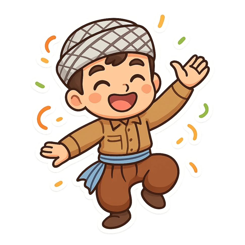 Create a colorful and cheerful Kurdish cartoon sticker in chibi style. Show the traditional Kurdish clothing and a dancing pose. The background should be transparent. Suitable for WhatsApp and Instagram. sticker