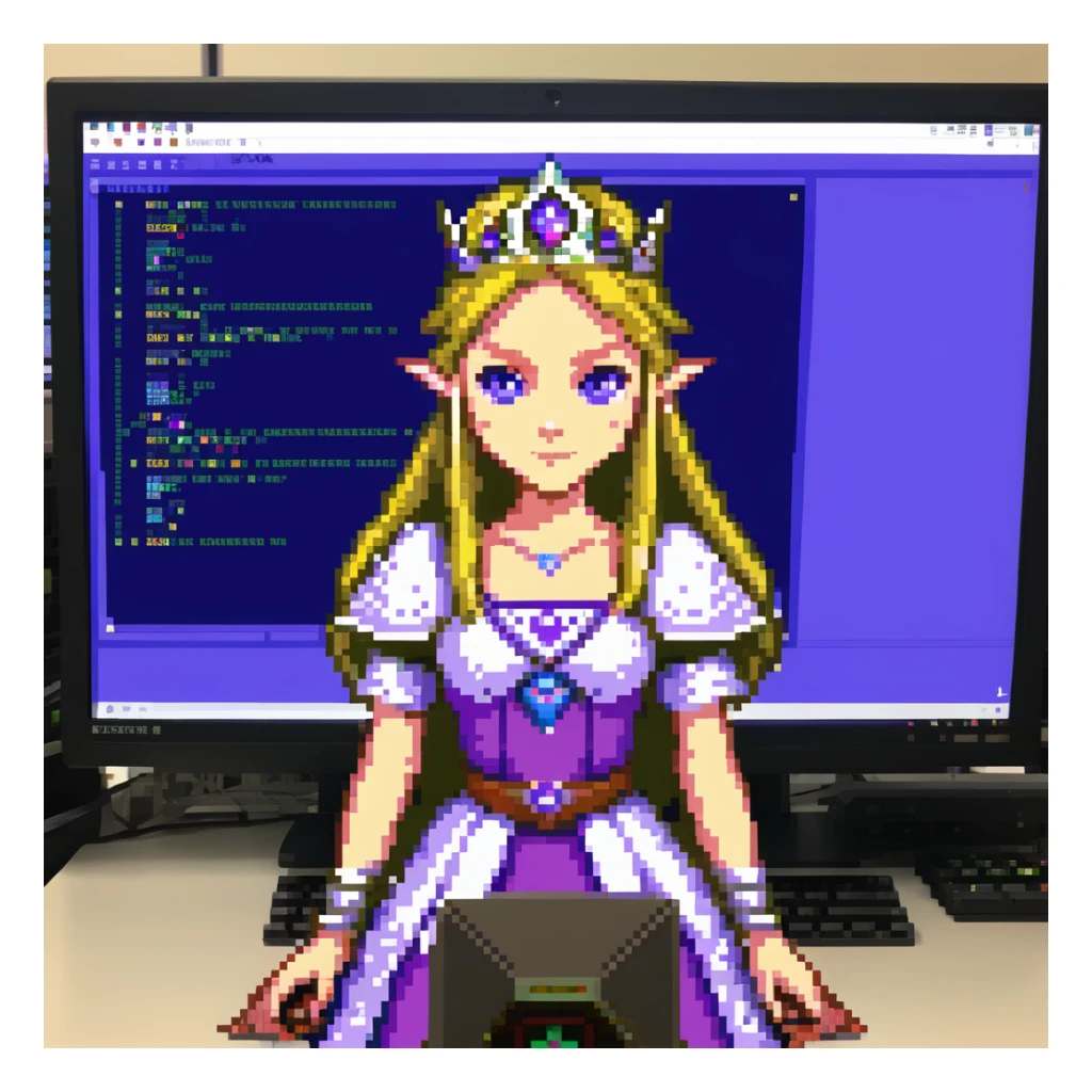 Princess Zelda wearing her crown and purple dress programming with code visible on computer screen sticker