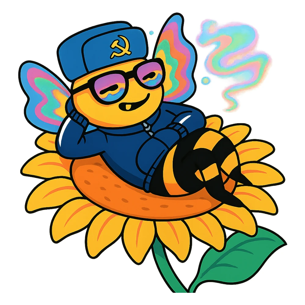 Russian-themed bee with gold tooth, tracksuit, sunglasses, lounging on a sunflower, dreamy spaced-out expression, subtle references to psychedelic colors sticker