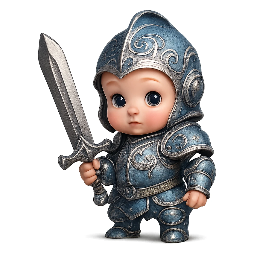 cute baby in ornate blue and silver armor, holding a big sword, styled as a miniature heroic knight sticker