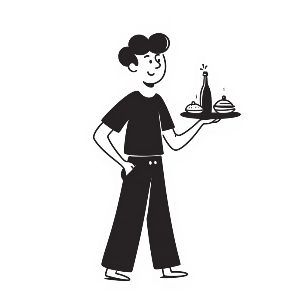 A guy waiter in a black T-shirt with a tray in his hand sticker