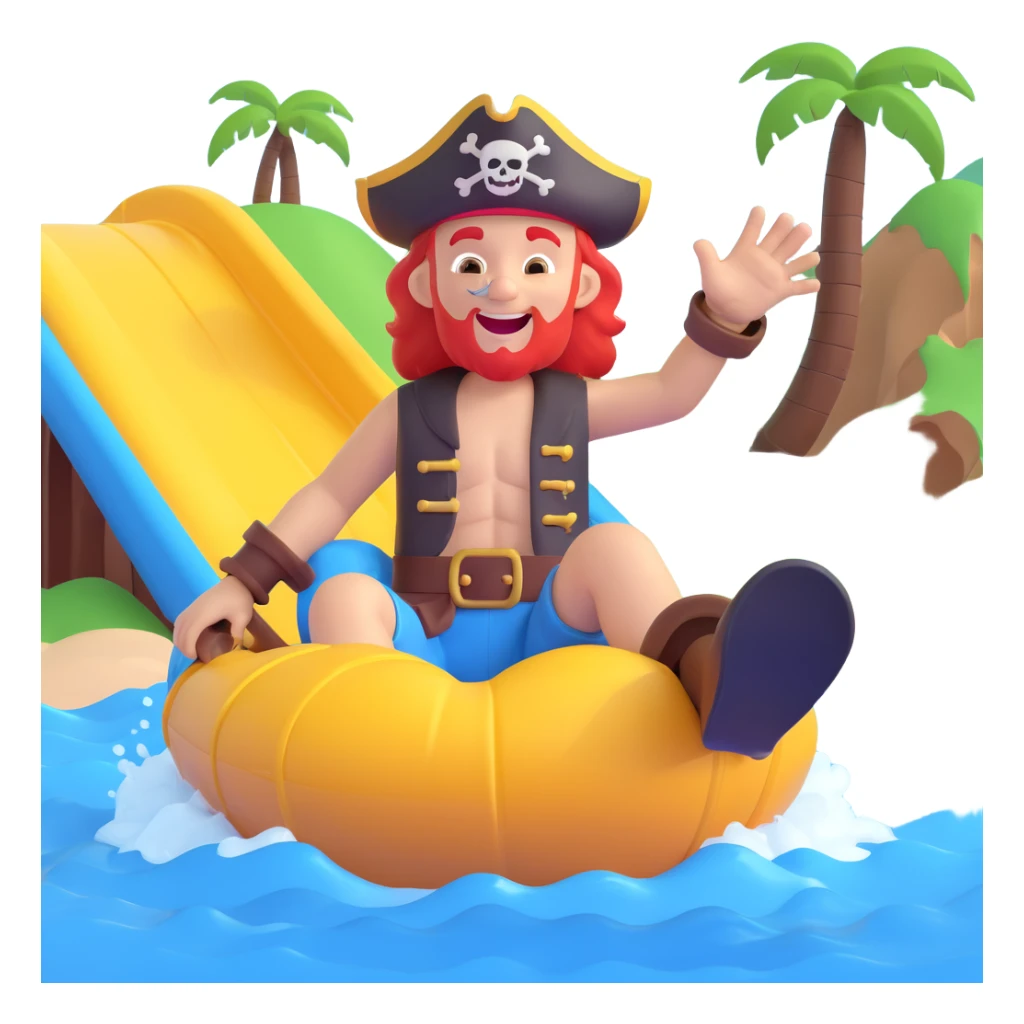 a pirate on a water slide, joyful expression, 3D emoji style sticker