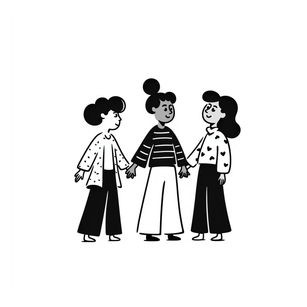 hand-drawn doodle style group logo with playful people holding hands sticker