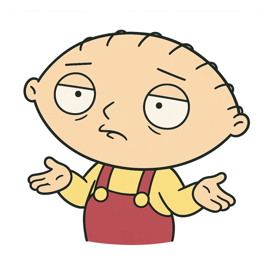 Stewie from Family Guy with a puzzled face and shoulders raised, cartoon style sticker