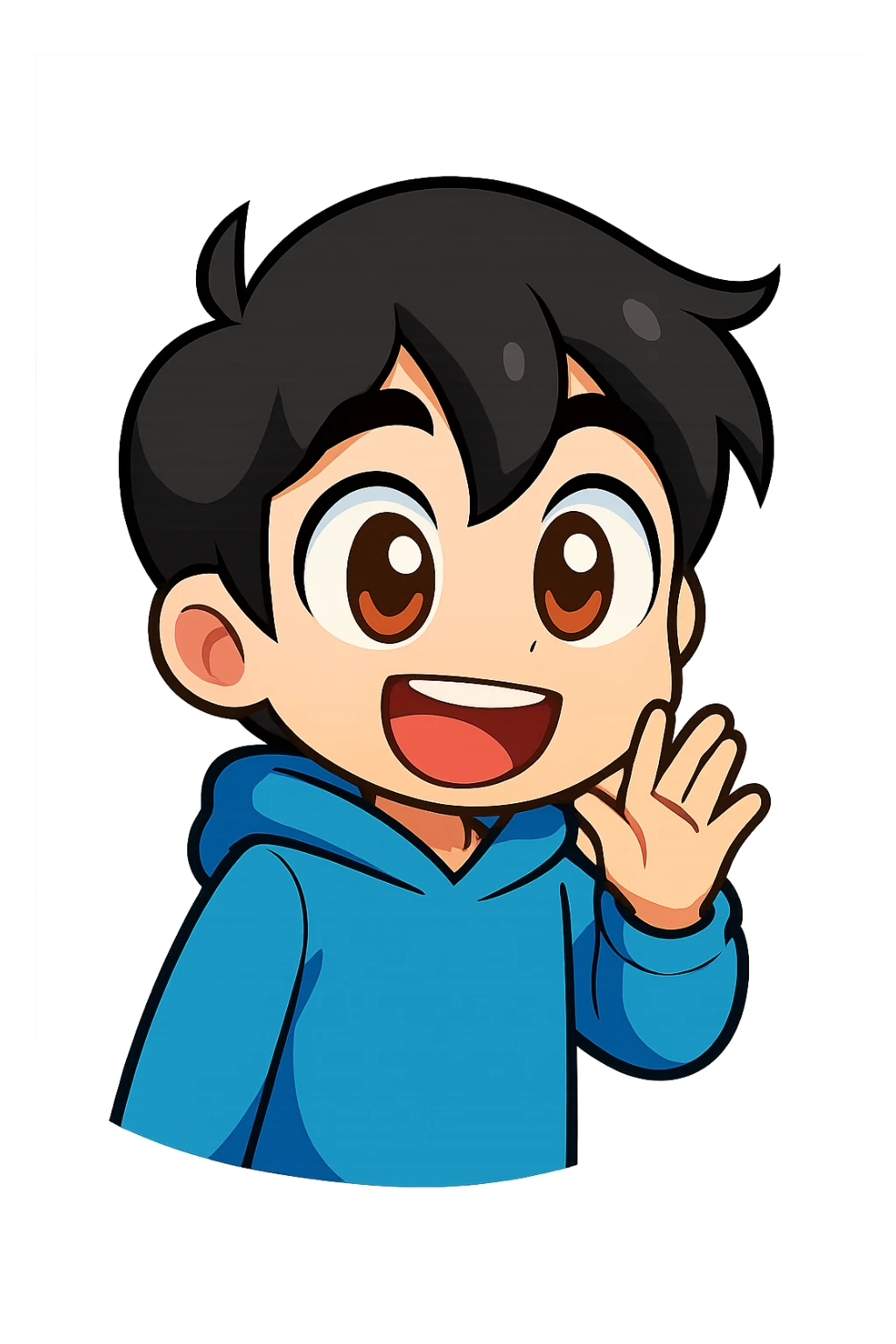 Extract the bottom left character with black hair and blue hoodie as a fully visible, separate image with a transparent background, keeping the original chibi stickers cartoon style and appearance. sticker