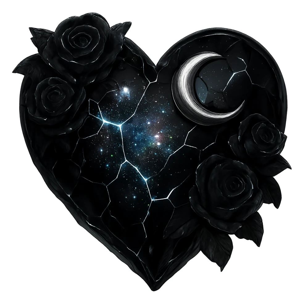 Edit the gothic heart to have cracked deep black glass, silver crescent moon, black roses, shimmering holographic stardust, neon lightning accents, and a glossy wet appearance. Keep the background transparent. sticker