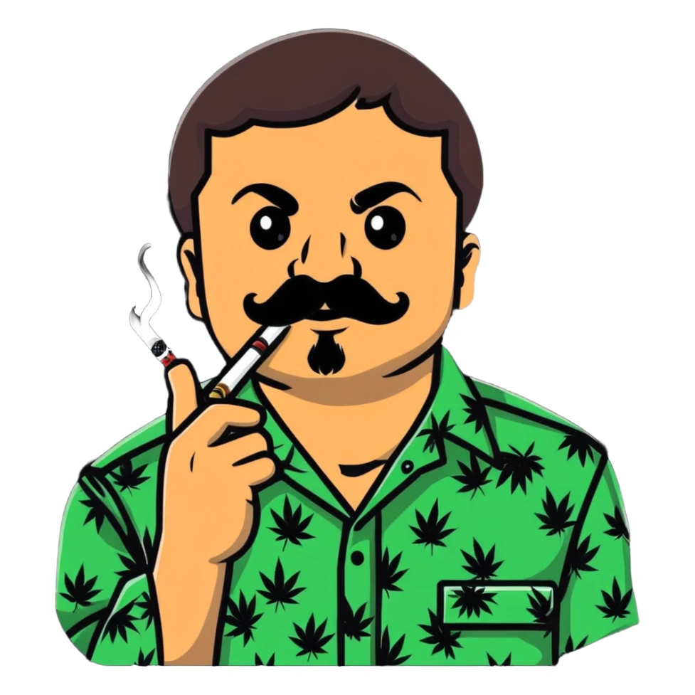 Mexican drug lord El Chapo with mustache and patterned shirt, smoking weed sticker