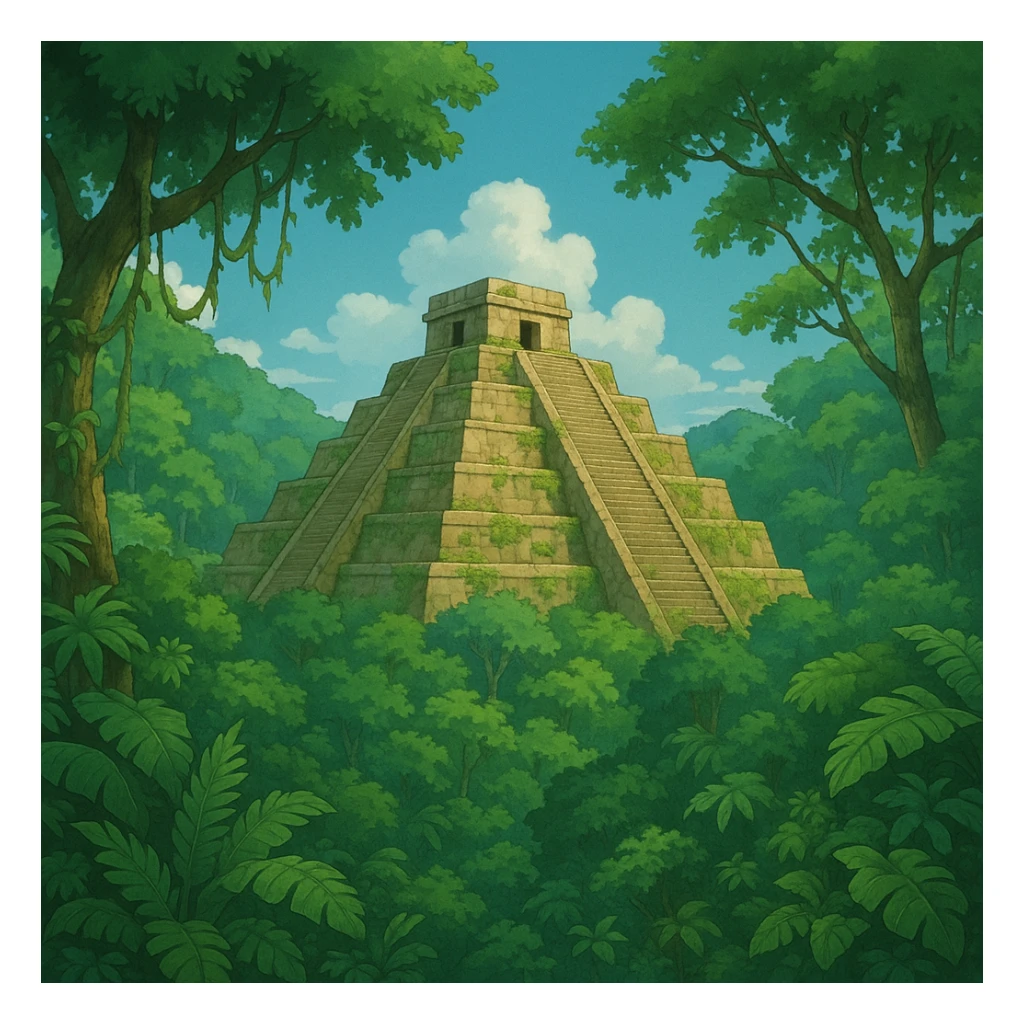 Ghibli style ancient Mexican pyramid surrounded by lush jungle sticker