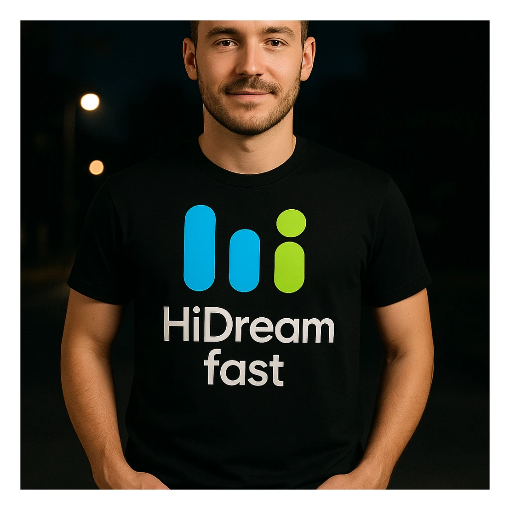 man wearing tshirt with this logo, dark night background with dim , add fast below logo sticker