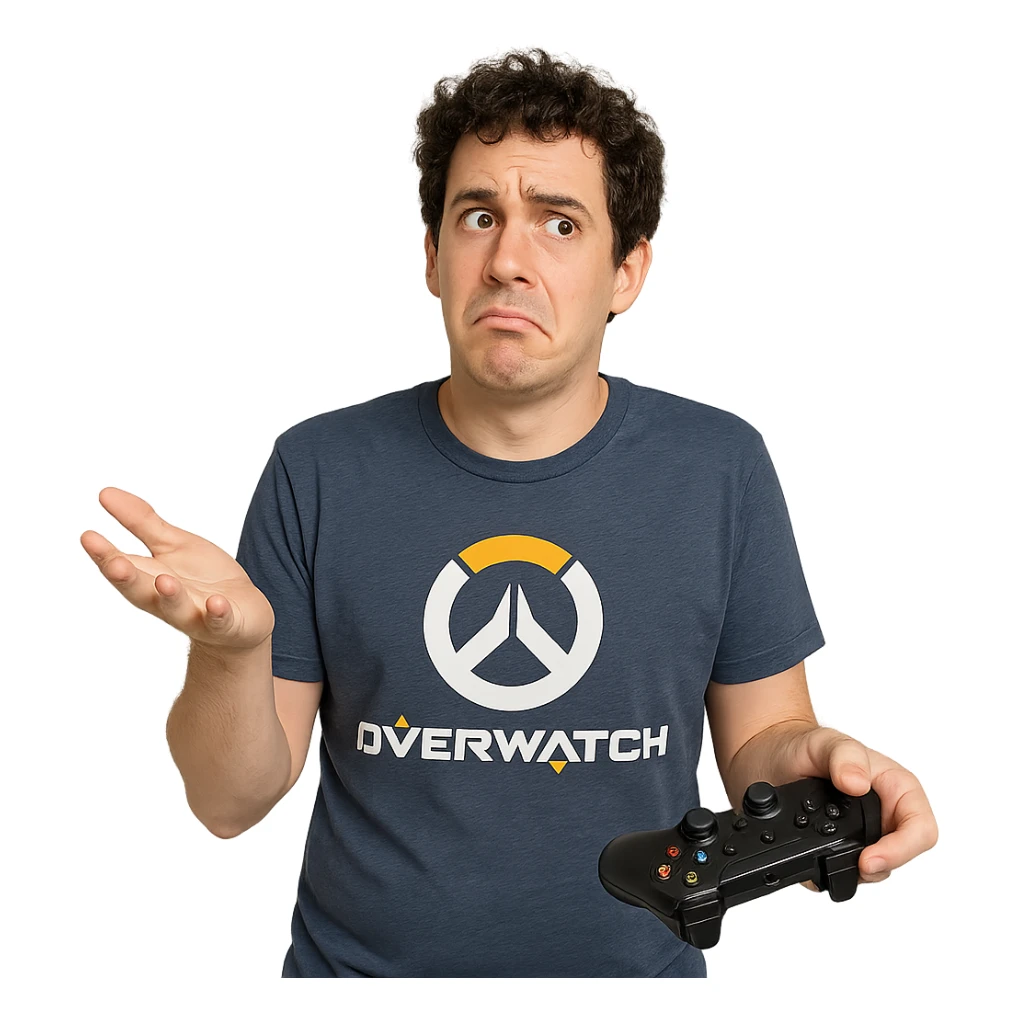 a playful Overwatch fan who rarely plays, holding a controller but looking confused sticker