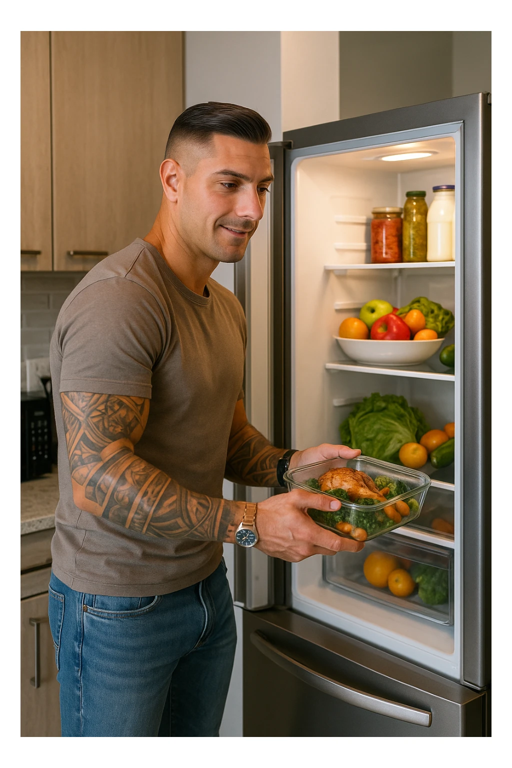 Uomo che mette nel frigo il suo pasto cucinato sticker