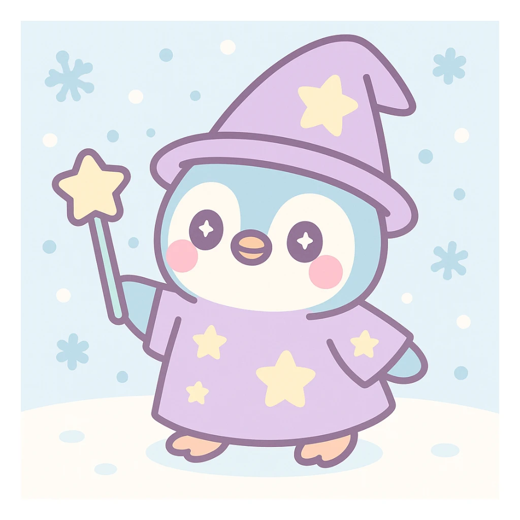 Add a snowy background behind the penguin wizard, keeping the whimsical kawaii style. sticker
