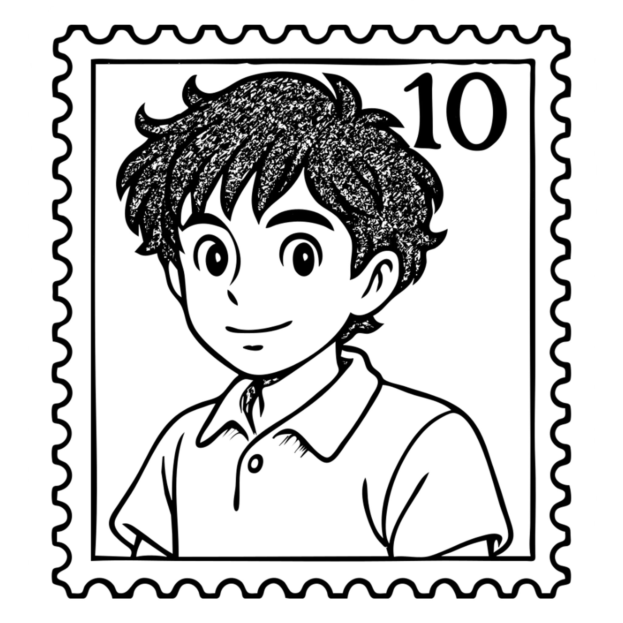 Create a detailed black and white stamp illustration with no grayscale, preserving the original style and all features. Keep the portrait, border, and number details exactly as in the original. Use only black and white colors with a transparent background. sticker