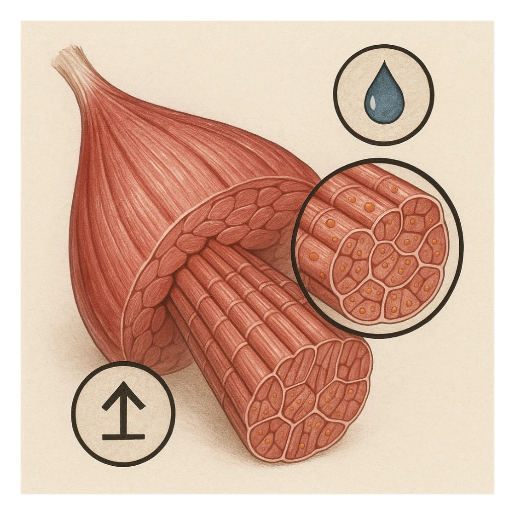hyper realistic illustration of muscle section with prevalence of slow twitch fibers, low hypertrophy, icons showing saturation and limited growth, cellular details, neutral background sticker