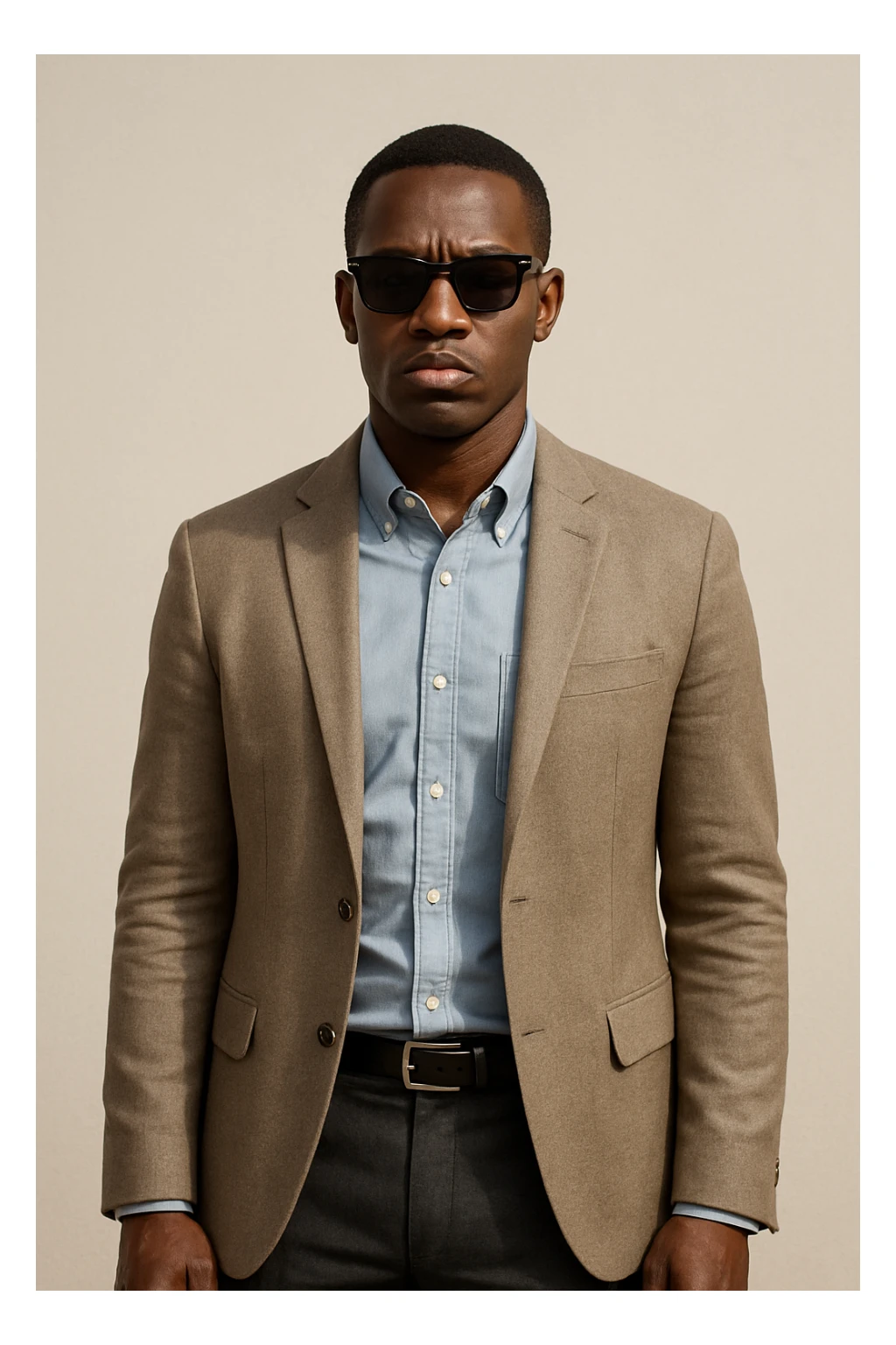 black man with sunglasses, serious expression, business casual, neutral background sticker