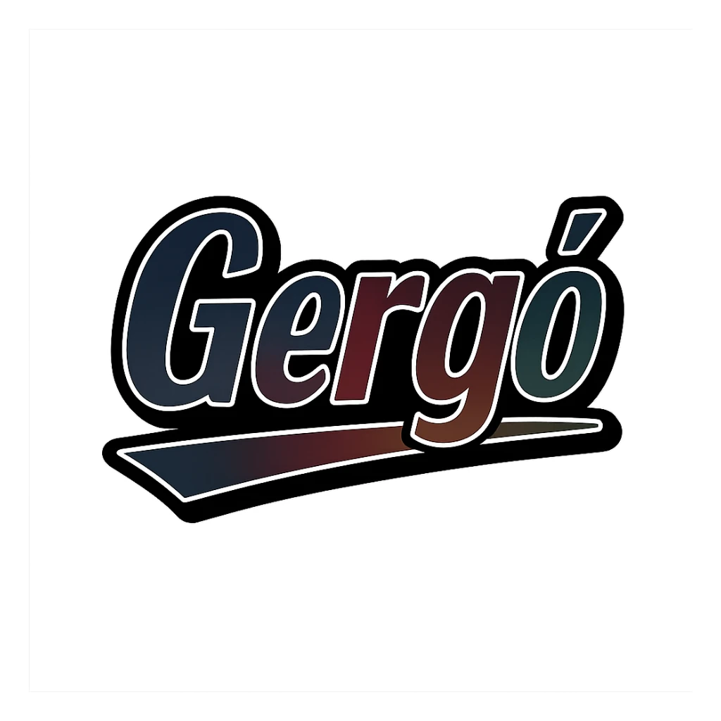 Gergő name with long ő letter in masculine, modern gradient font with dark contour, prominent and clearly visible white border like the sample image, dynamic slanted underline, masculine color shades including blue, gray, burgundy, green, brown, 1000x1000 px, PNG, transparent background, in the style of the uploaded sample. sticker