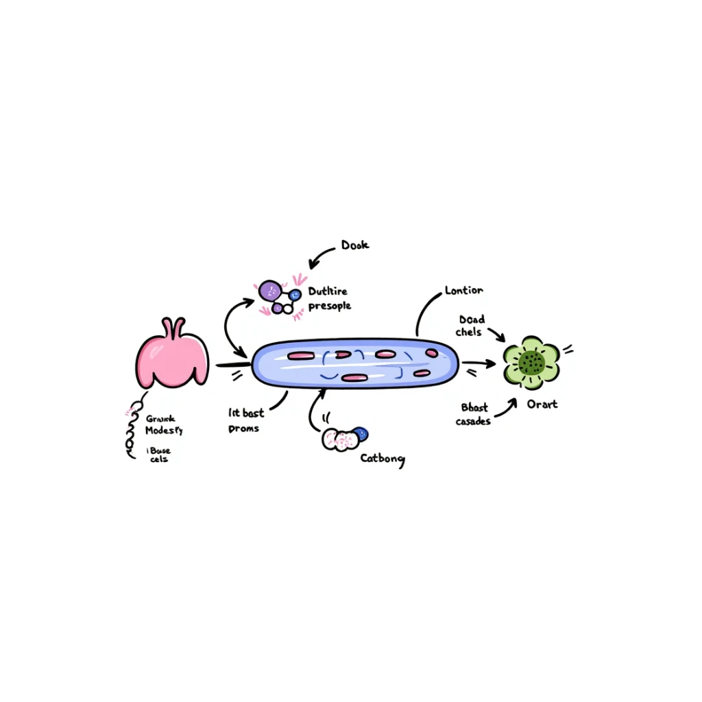 Hormone pathway illustration: pink endocrine gland releasing purple hormone molecules traveling through blue bloodstream to reach green target cells. Hand-drawn diagram showing molecular binding and resulting cellular changes with labeled parts and colorful signaling cascade. sticker
