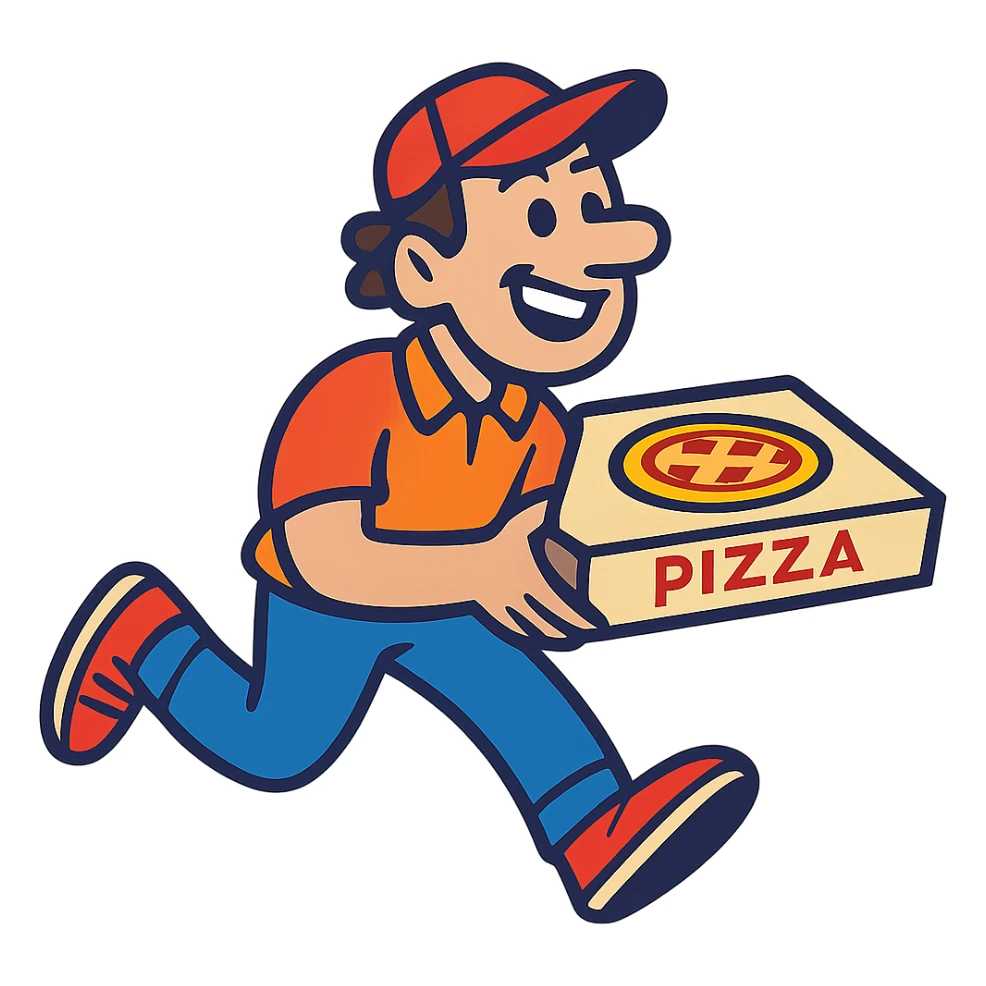 a man running with a pizza box in his hands, smiling, vibrant cartoon style sticker