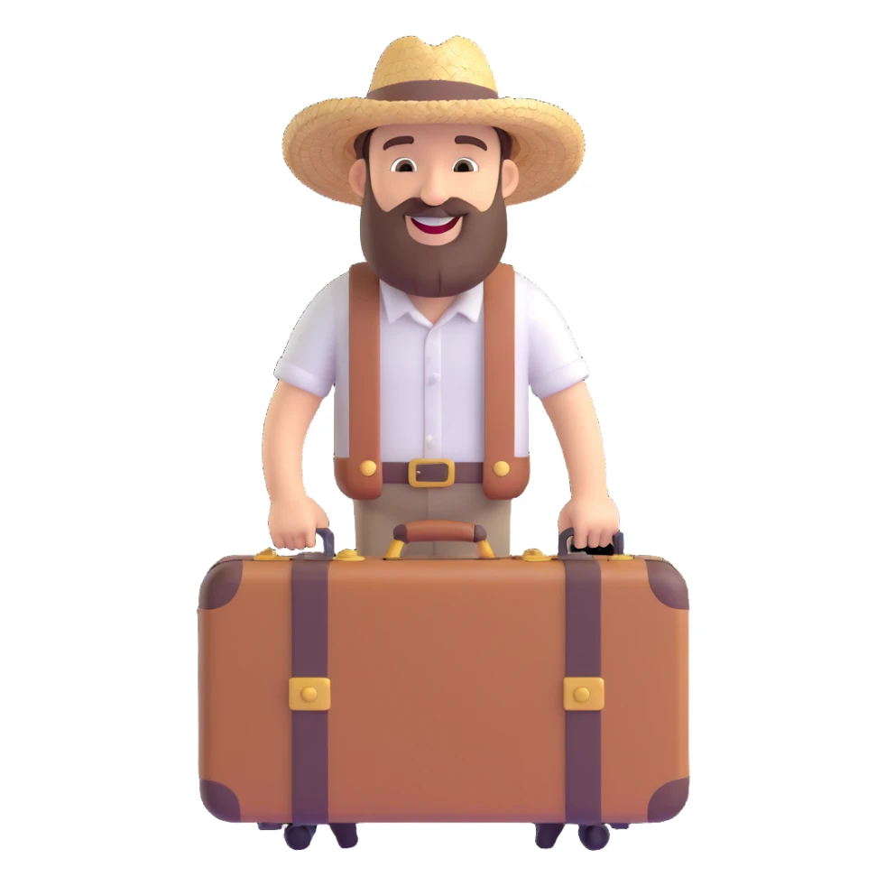 bearded man with straw hat, suitcase, travel vibe, smiling sticker