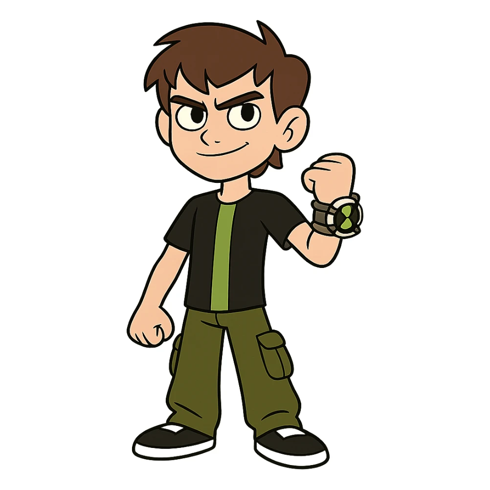 Ben 10 character in cartoon style, green and black outfit, Omnitrix on wrist, confident pose sticker