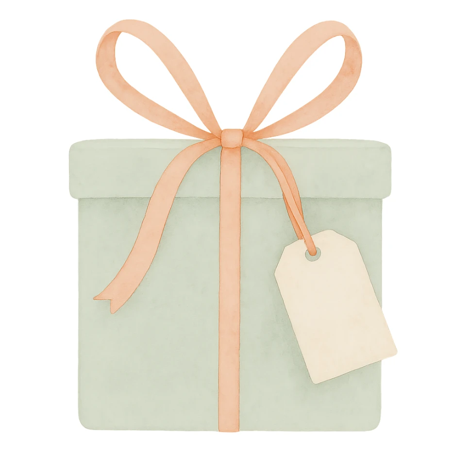 Add a small gift tag attached to the bow, keep the watercolor art style, no background. sticker