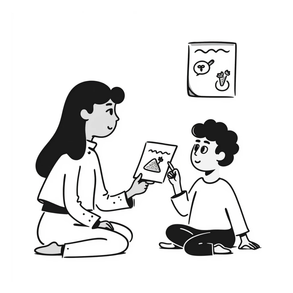 educator or speech therapist with child, who helps child with lessons sticker