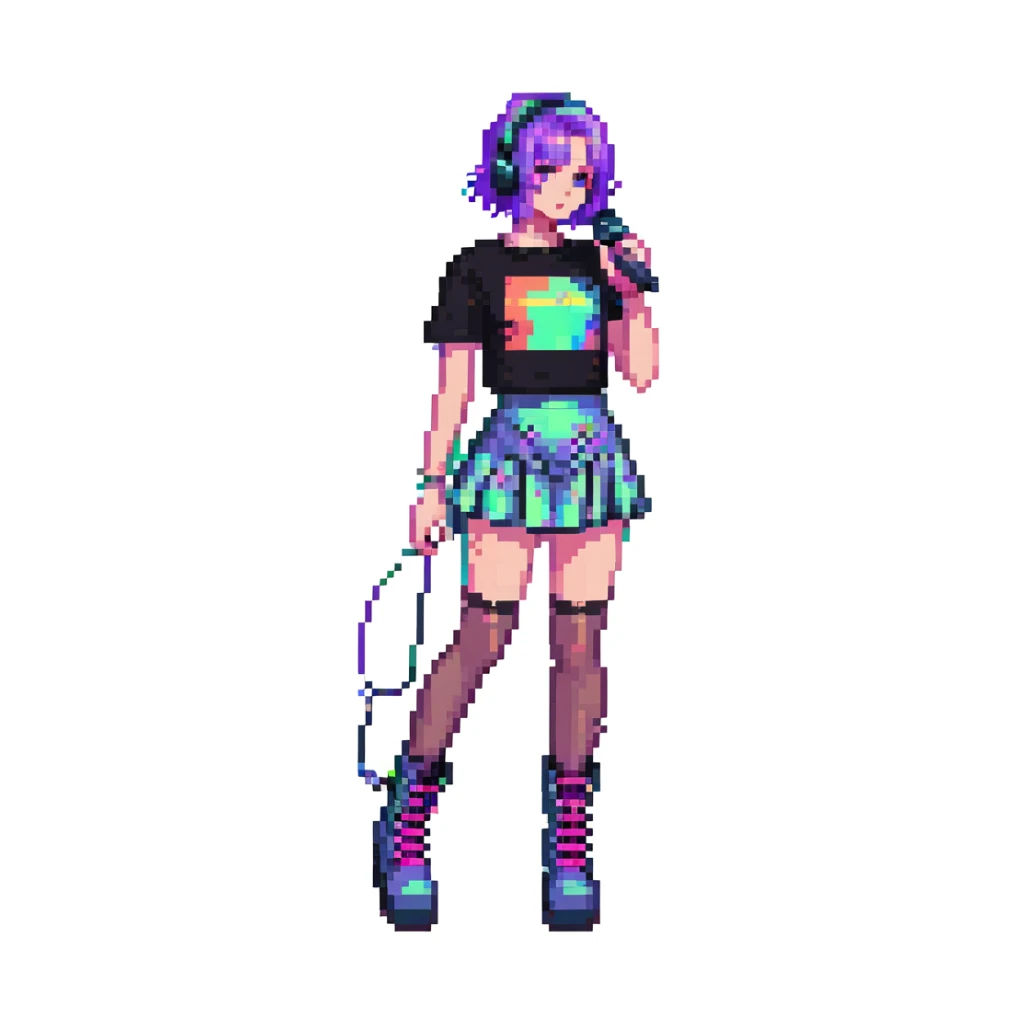Slayyyter in a pixel art style, short skirt, platform boots, microphone, neon background sticker