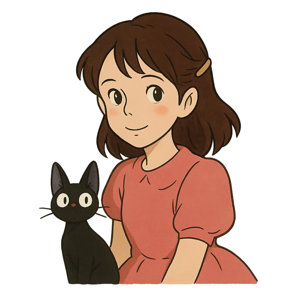ghibli style character with dark brown hair clipped back with a hairpin, sweet eyes, pink dress, cat companion sticker