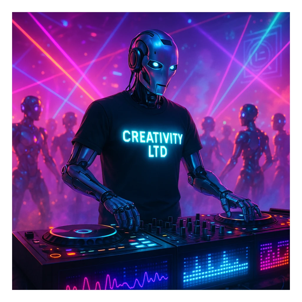 futuristic humanoid robot DJ performing at a vibrant robot party, wearing a black t-shirt with glowing 'CREATIVITY LTD' text, sleek DJ booth with LED panels pulsing waveforms, surrounded by neon lights, lasers, smoke, robots dancing with metallic silhouettes glowing in colorful lights, holographic displays and advanced tech creating energetic immersive atmosphere, glowing t-shirt highlighting individuality and creativity sticker