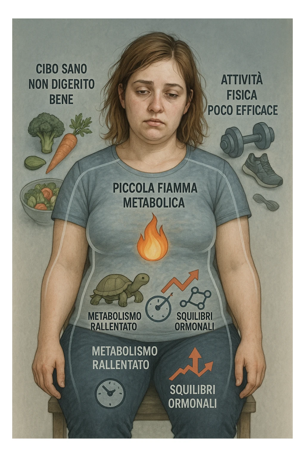 Donna tra i 25 e i 35 anni con fisico leggermente gonfio e postura affaticata, seduta con sguardo stanco. In trasparenza sul suo corpo, si vedono elementi simbolici: una fiamma metabolica molto piccola nel centro dell’addome, una tartaruga accanto a un simbolo di orologio rallentato, indicatori visivi di insulino-resistenza e squilibri ormonali. Intorno a lei: cibo sano non digerito bene, attività fisica poco efficace. Colori spenti attorno al corpo, con toni freddi e lentezza visiva. Stile realistico con elementi infografici e simbolici integrati IN ITALIANO sticker