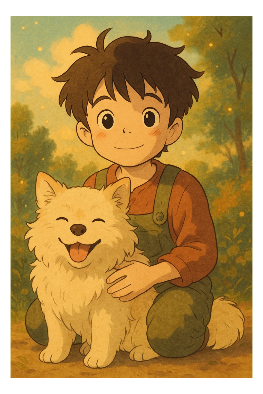 kid and his pet dog in studio ghibili style sticker