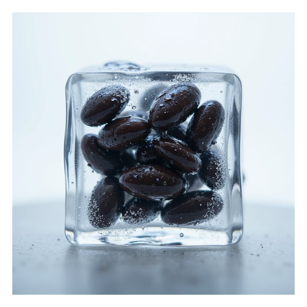 Make this image photorealistic, with black beans inside a clear ice cube. Add visible frost and condensation on the surface. Keep the background transparent. sticker