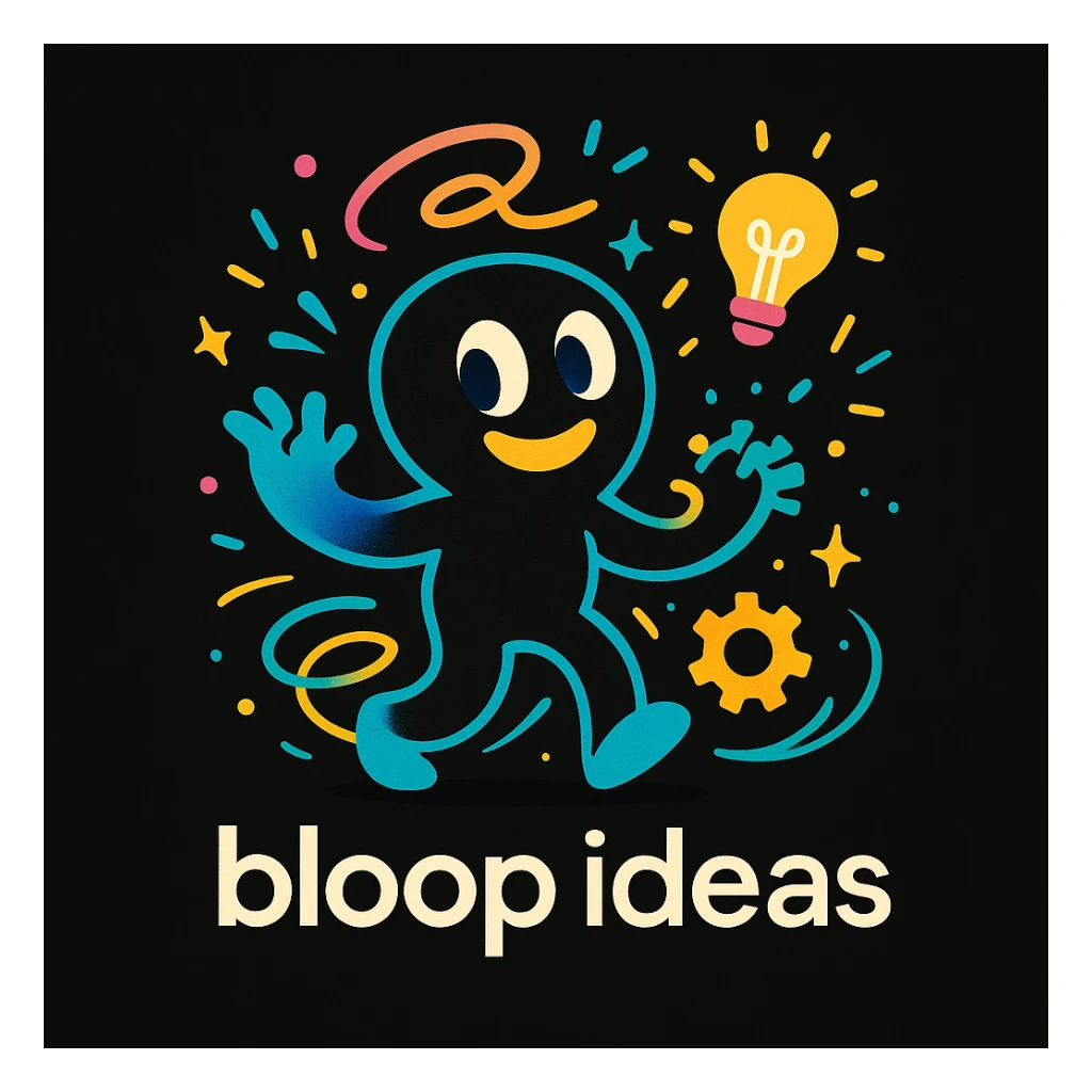 abstract mascot character for a black website, playful and energetic, visual cues of thinking and creativity in motion, bright lively colors, imaginative style, creative tech portfolio, includes tagline 'bloop ideas' sticker